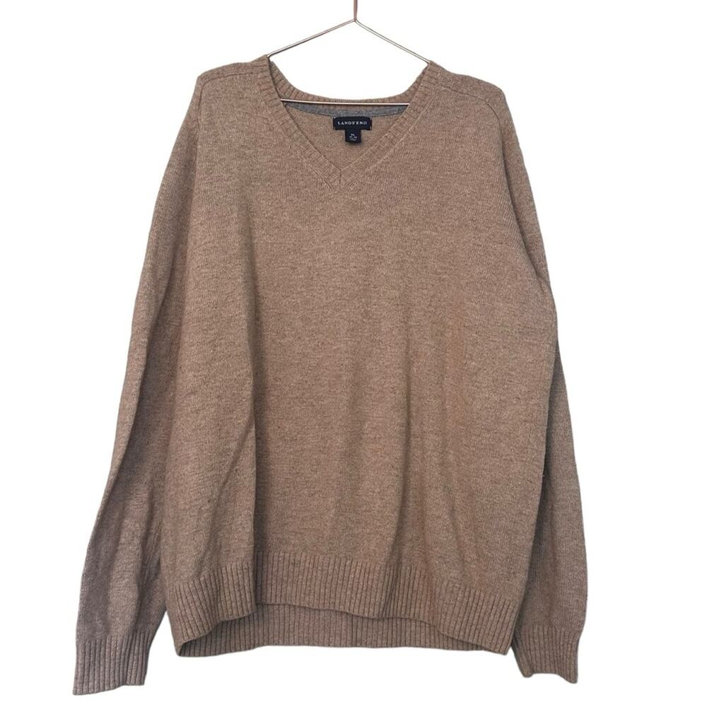 Lands' End Merino Wool Tan V-Neck Sweater - Size XL
